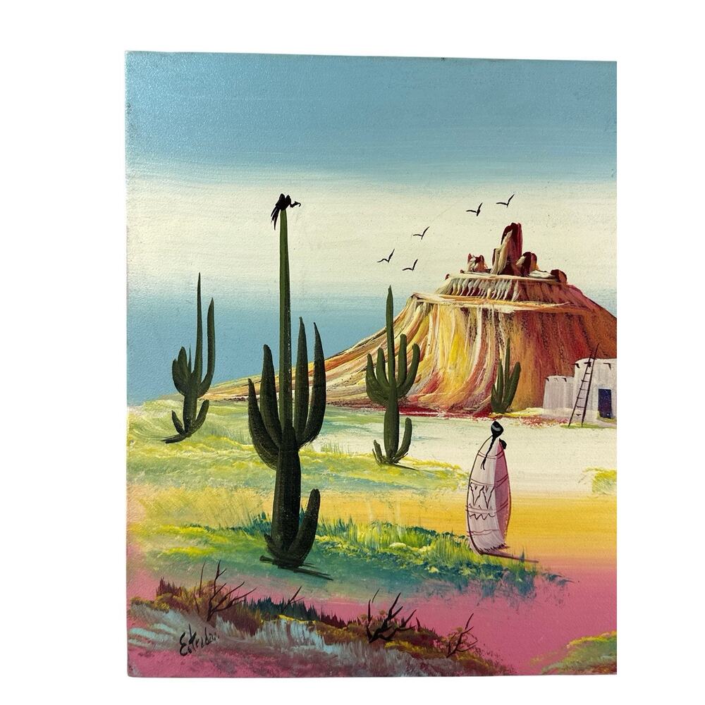 Vintage Estrada Original Painting Southwest Desert Cactus Native Adobe 16x12 - Picture 2 of 7